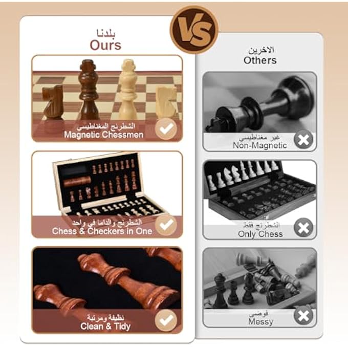 rayihni MAGNETIC WOODEN CHESS & CHECKERS SET (2 IN 1) FOLDING CHESS SET WOODEN BOARD GAME GIFT BOX 24 CHERKERS PIECES & 2 EXTRA QUEENS INTERNATIONAL CHESSBOARD WITH STORAGE SLOT FOR KID ADULT BEGINNER TRAVEL - Image 5